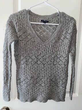 American Eagle V-Neck Crochet Open Knit Sweater - Heather Grey